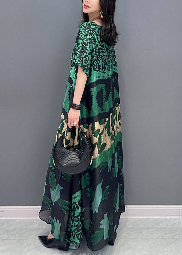 Black Texture O Neck Pockets Print Patchwork Silk Long Dresses Summer
