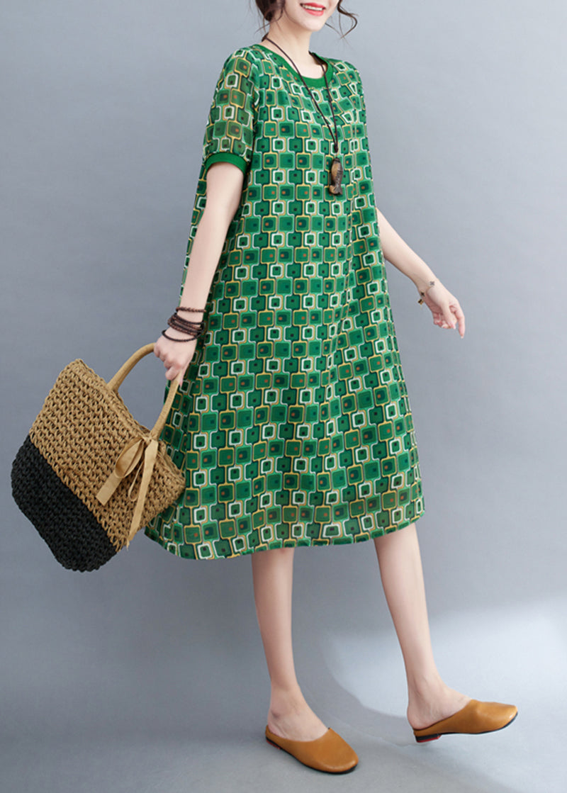 Green O-neck Print Chiffon Beach Dresses Summer