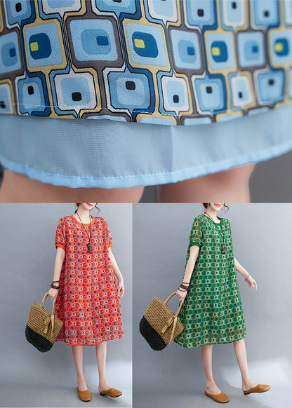 Green O-neck Print Chiffon Beach Dresses Summer