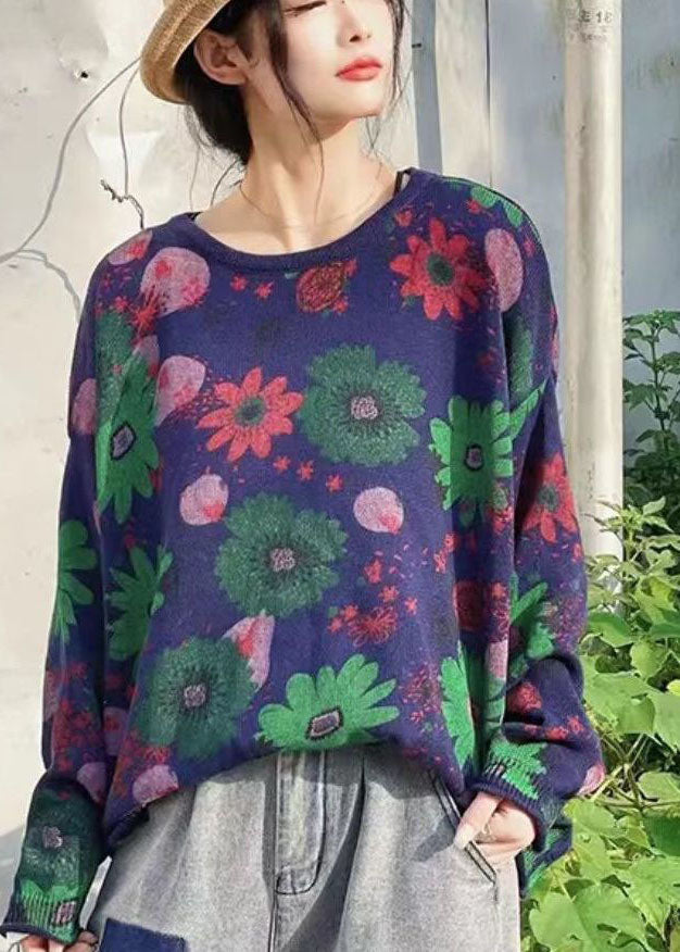 Green O-neck Print Knit Sweater Tops Winter