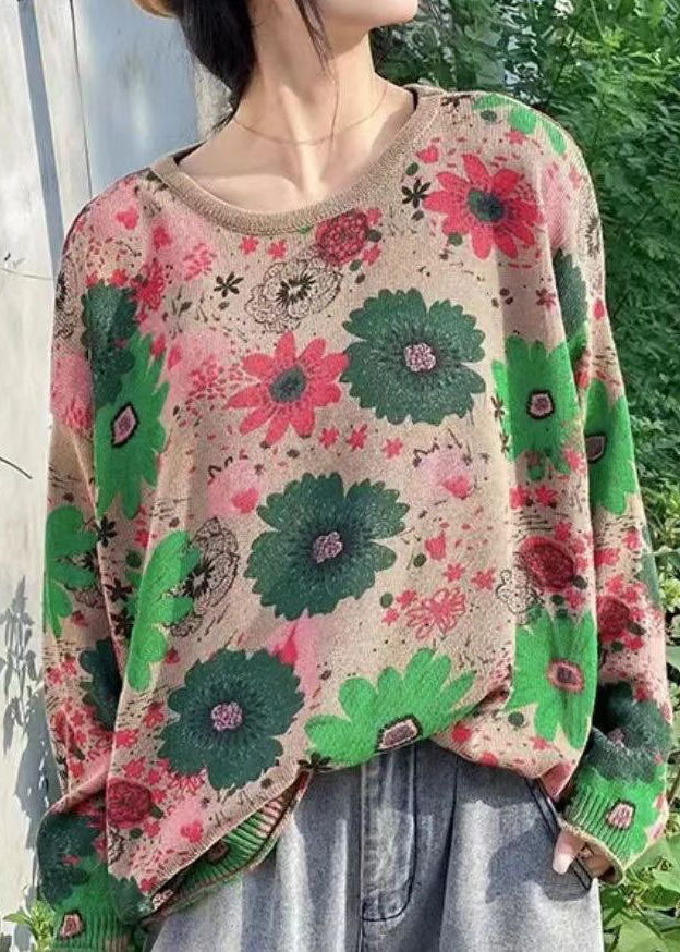 Green O-neck Print Knit Sweater Tops Winter