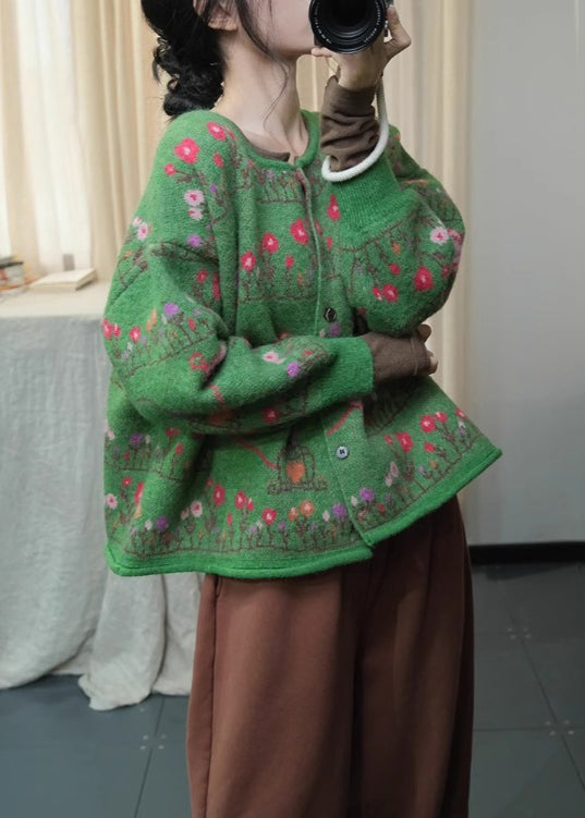 Green O Neck Print Loose Knit Cardigans Spring