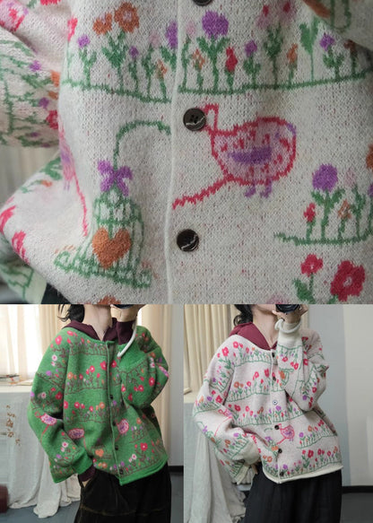 Green O Neck Print Loose Knit Cardigans Spring