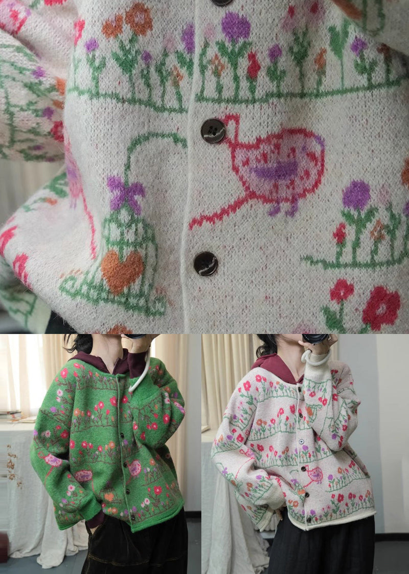 Green O Neck Print Loose Knit Cardigans Spring