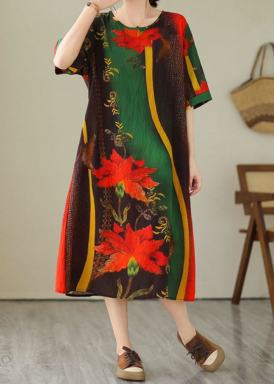 Green O Neck Print Patchwork Cotton Dress Summer