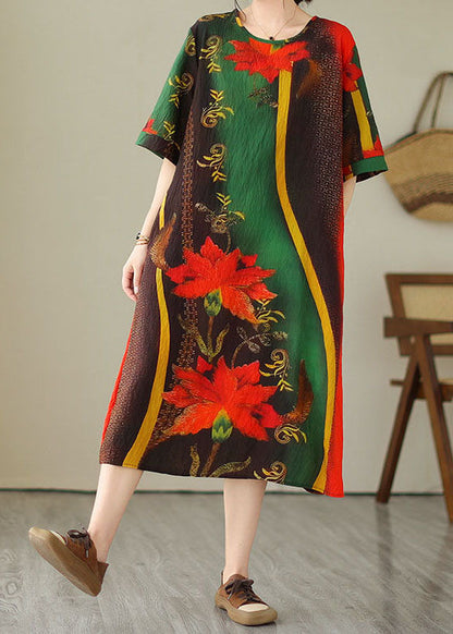 Green O Neck Print Patchwork Cotton Dress Summer
