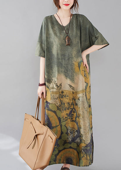Green O-neck Print Side Open Long Dress Short Sleeve