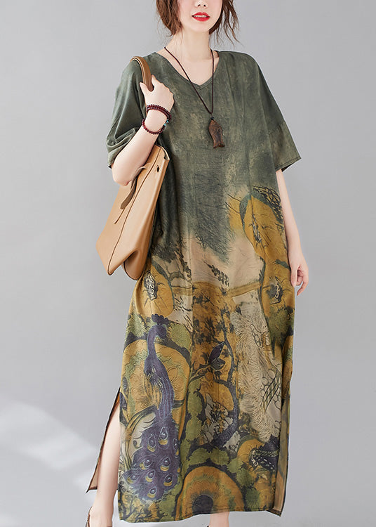 Green O-neck Print Side Open Long Dress Short Sleeve