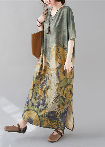 Green O-neck Print Side Open Long Dress Short Sleeve