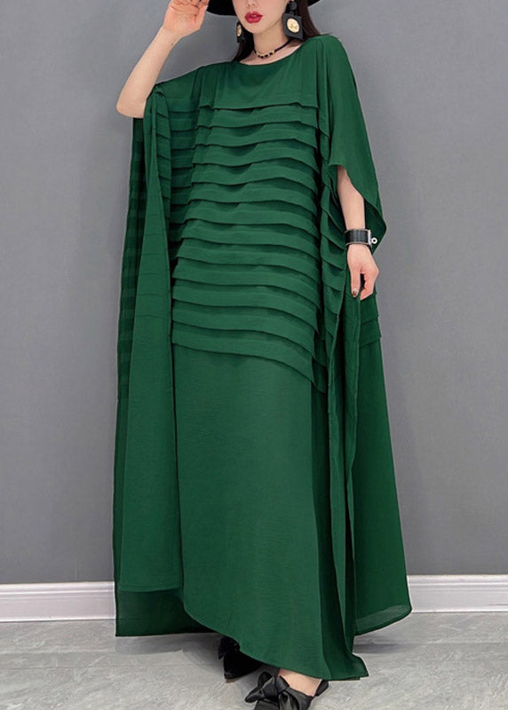 Blue O-neck Striped Chiffon Ankle Dress Batwing Sleeve