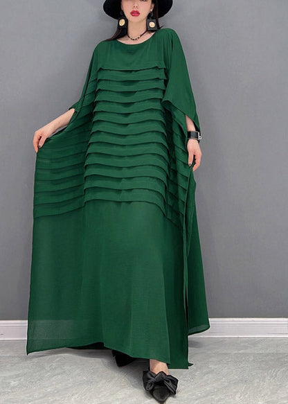 Yellow O-neck Striped Chiffon Ankle Dress Batwing Sleeve