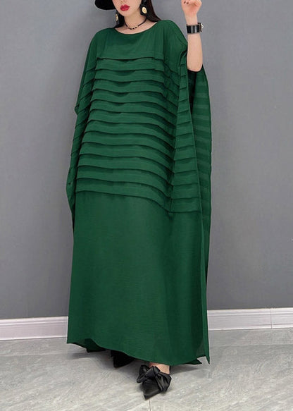 Black O-neck Striped Chiffon Ankle Dress Batwing Sleeve