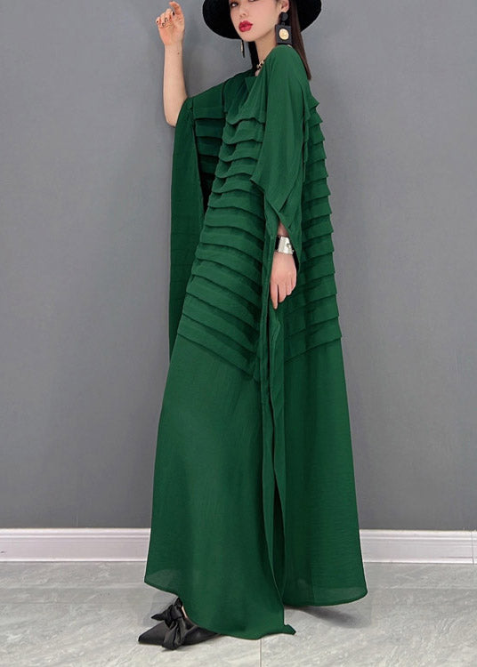Red O-neck Striped Chiffon Ankle Dress Batwing Sleeve