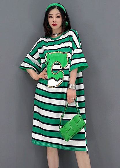 Green O-neck Striped Print Cotton Loose Dresses Short Sleeve
