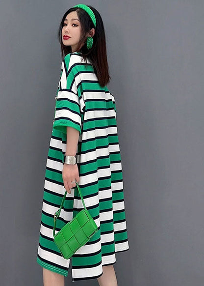 Green O-neck Striped Print Cotton Loose Dresses Short Sleeve