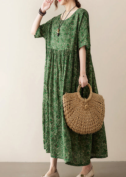 Green O-neck Wrinkled Exra Large Hem Print Cotton Long Dress Summer
