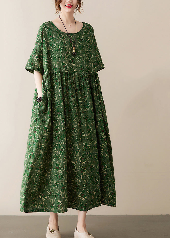 Green O-neck Wrinkled Exra Large Hem Print Cotton Long Dress Summer