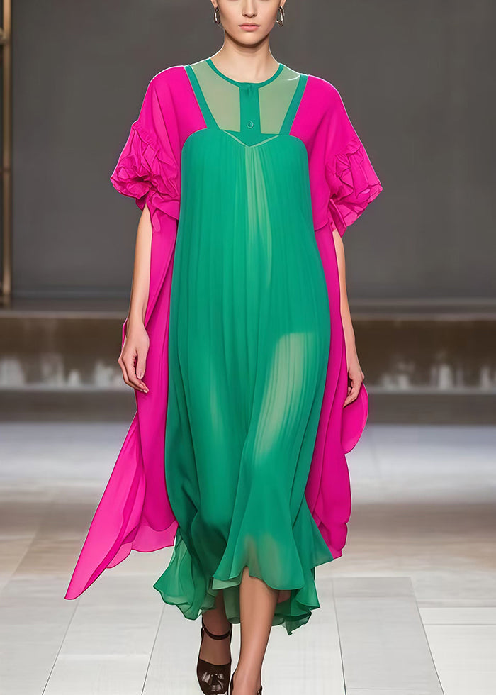 Green Oversized Patchwork Chiffon Dress Summer