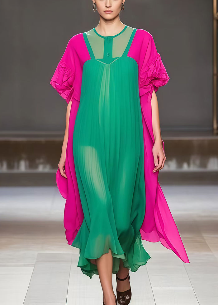 Green Oversized Patchwork Chiffon Dress Summer