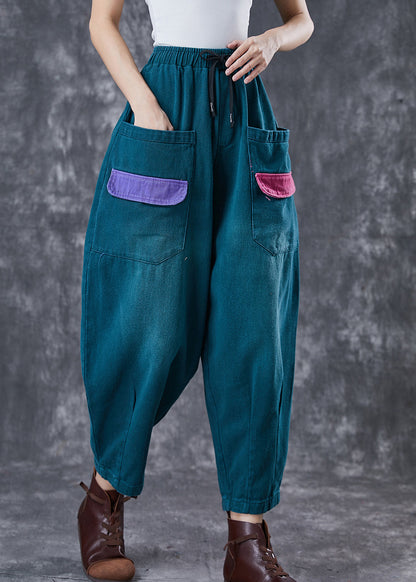 Green Oversized Patchwork Pockets Cotton Harem Pants Spring
