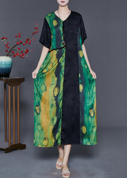Green Oversized Patchwork Silk Long Dress Summer