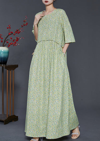 Green Oversized Print Drawstring Cotton Dress Summer