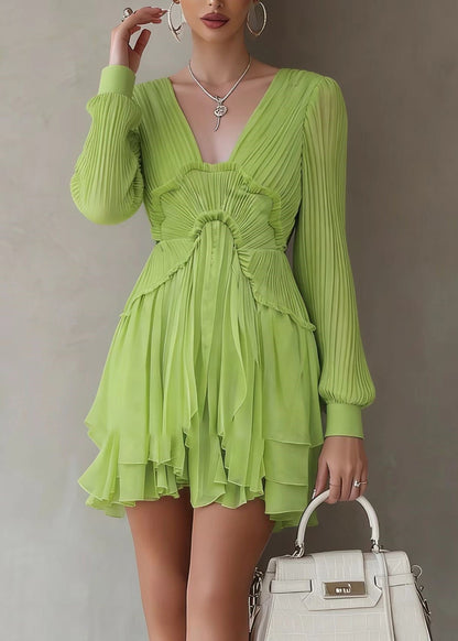 Green Patchwork Wrinkled Mid Dresses Lantern Sleeve
