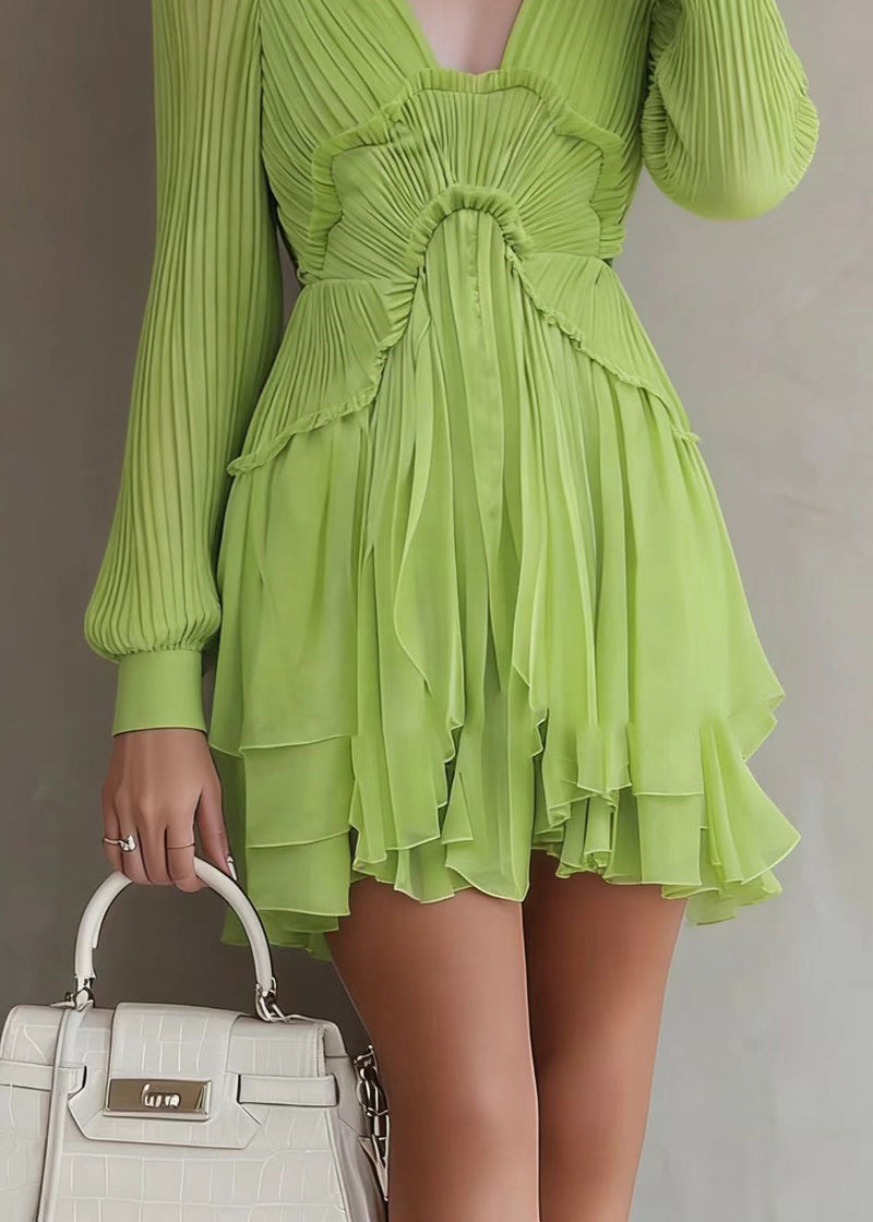 Green Patchwork Wrinkled Mid Dresses Lantern Sleeve