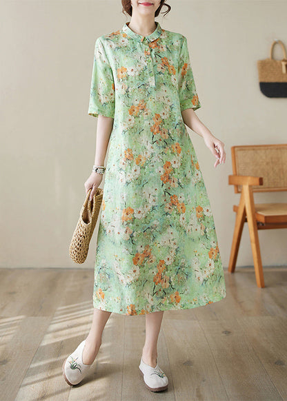 Green Peter Pan Collar Print Cotton Long Dresses Summer