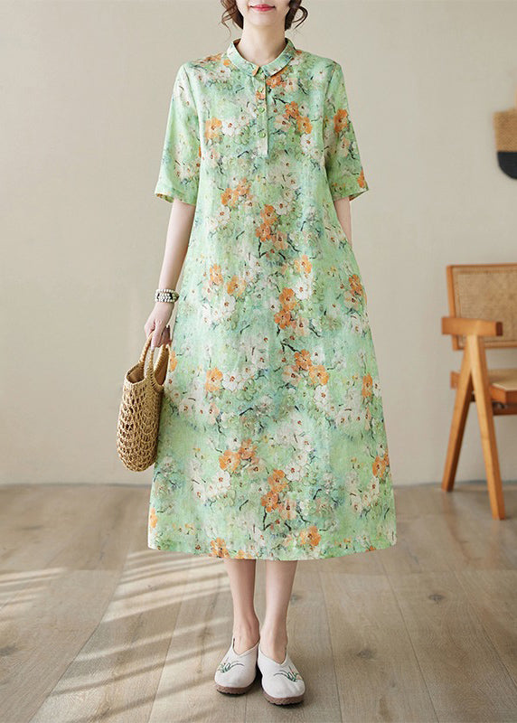 Green Peter Pan Collar Print Cotton Long Dresses Summer