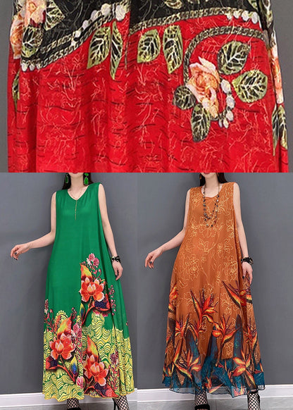 Green Print Chiffon Long Vacation Dresses Summer