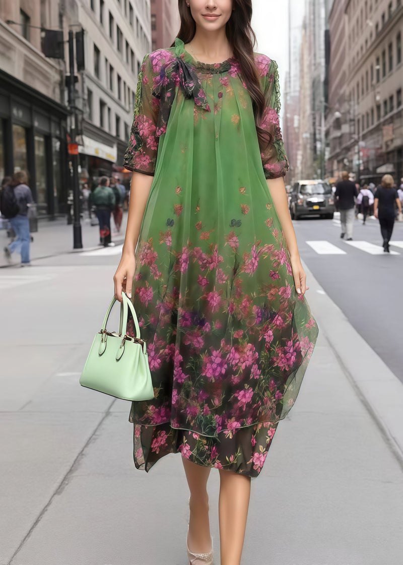Green Print Chiffon Vacation Dress Half Sleeve