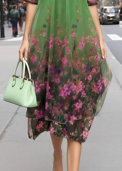 Green Print Chiffon Vacation Dress Half Sleeve