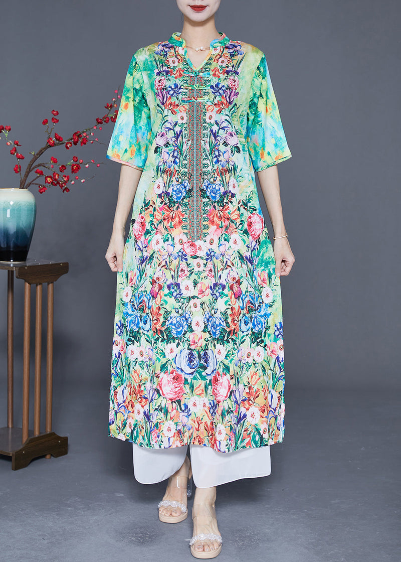 Green Print Chinese Button Chiffon Party Dress Summer