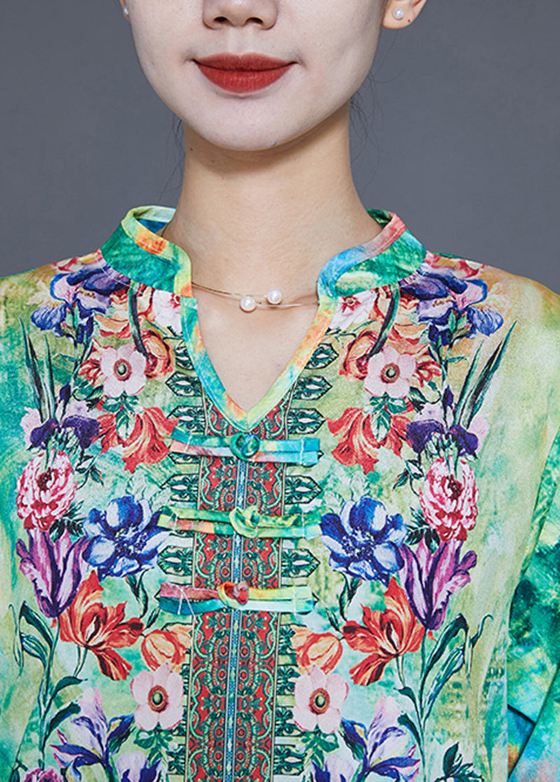 Green Print Chinese Button Chiffon Party Dress Summer
