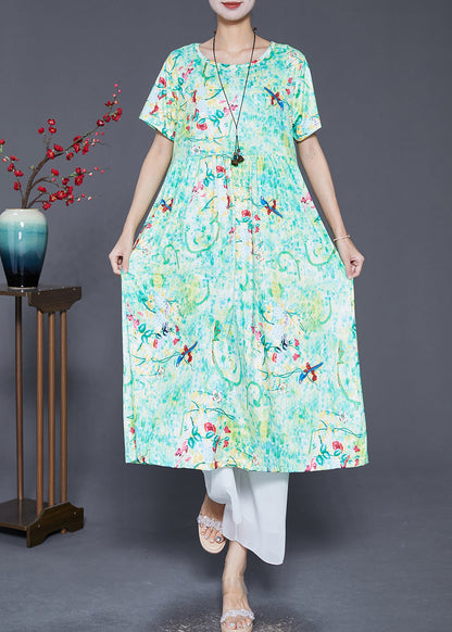 Green Print Exra Large Hem Cotton Dress Summer