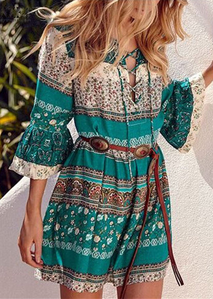 Green Print Lace Up Chiffon Vacation Mid Dresses Flare Sleeve