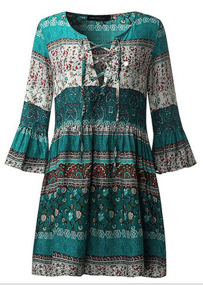 Green Print Lace Up Chiffon Vacation Mid Dresses Flare Sleeve