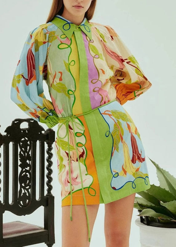 Green Print Tie Waist Mid Dress Short Sleeve