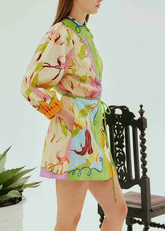 Green Print Tie Waist Mid Dress Short Sleeve