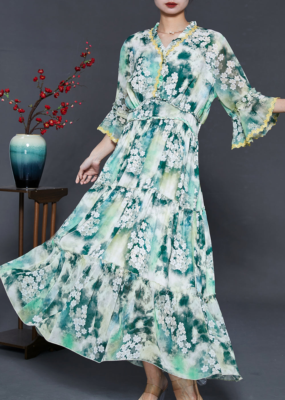 Green Ruffled Chiffon Holiday Dress Summer