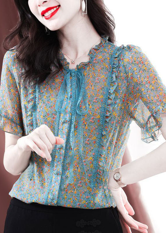 Green Ruffled Print Chiffon Blouses Summer