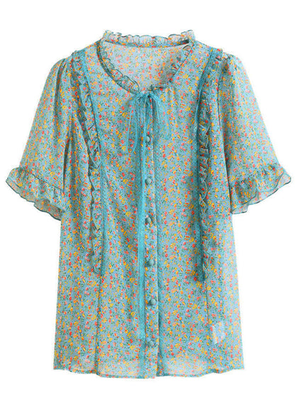 Green Ruffled Print Chiffon Blouses Summer
