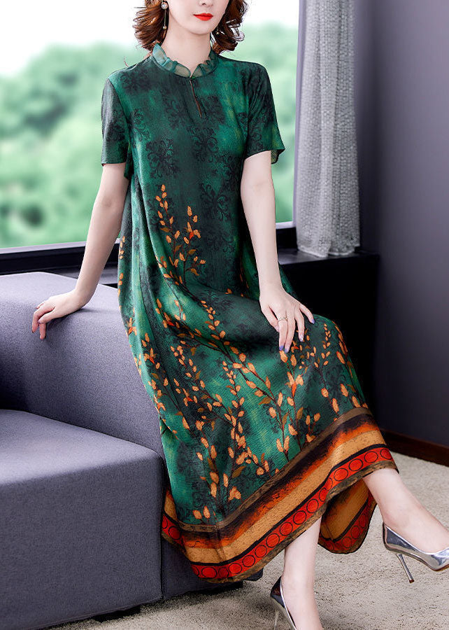 Green Ruffled Print Silk a Line Dress Summer