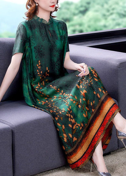 Green Ruffled Print Silk a Line Dress Summer