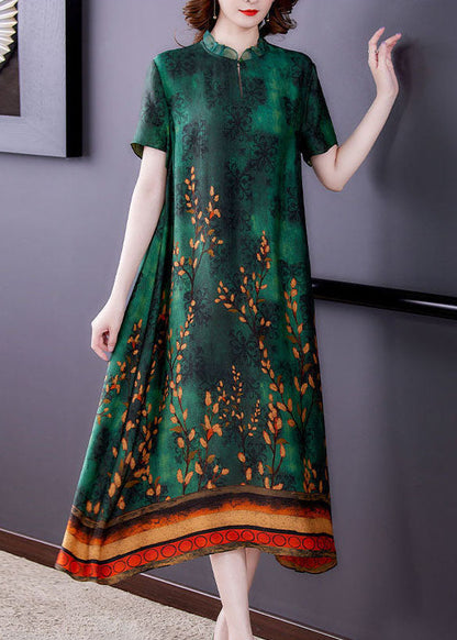 Green Ruffled Print Silk a Line Dress Summer