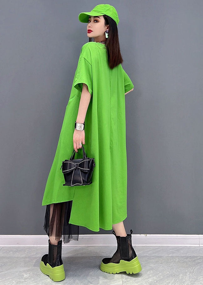 Green Asymmetrical Design Cotton Pullover Dress Short Sleeve