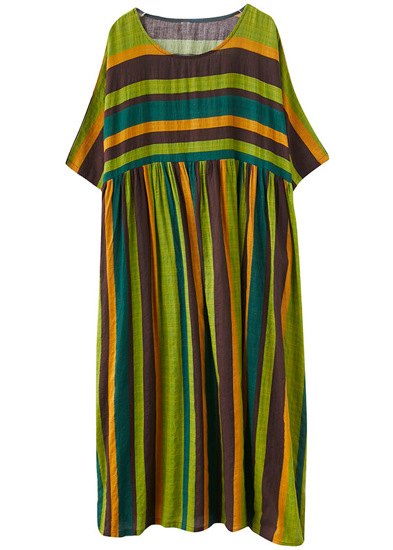 Green Striped O-neck Wrinkled Pockets Beach Dress Short Sleeve