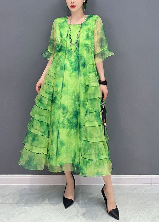 Green Tie Dye Ruffled Patchwork Chiffon Dresses Summer