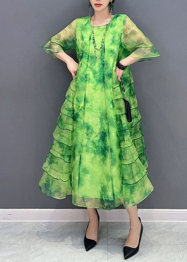Green Tie Dye Ruffled Patchwork Chiffon Dresses Summer